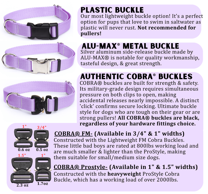 Dog collar with different buckle options and specifications on a white background
