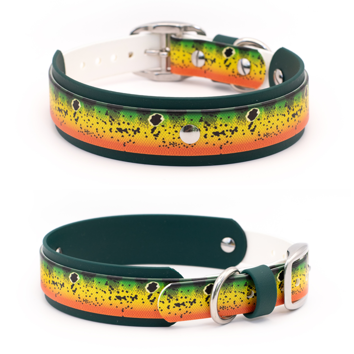 Two views of a dog collar on a white background, showing the dark green inner lining and the outer printed strap with a yellow, green, and orange speckled pattern resembling fish or insect wings.