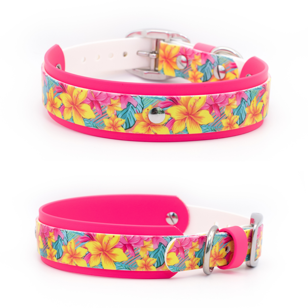 Two views of a pet collar on a white background. The collar features a bright pink inner band and outer trim, a white interior lining, and a colorful tropical floral print with yellow, pink, and blue flowers.