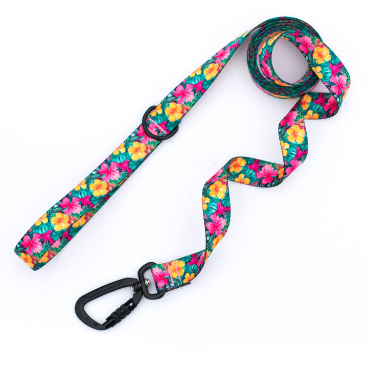 Floral patterned dog leash with a carabiner on a white background