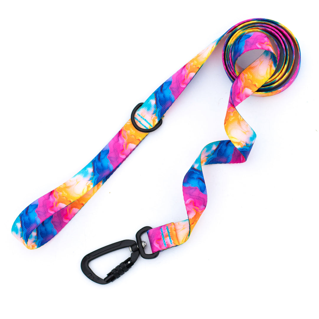 Colorful tie-dye dog leash with a carabiner on a white background