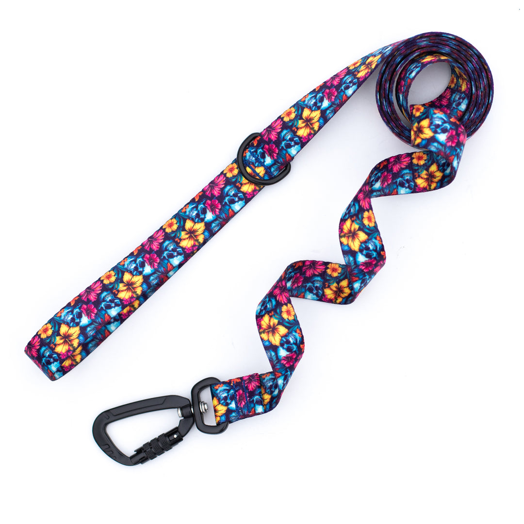 Colorful floral-patterned dog leash with a black carabiner on a white background