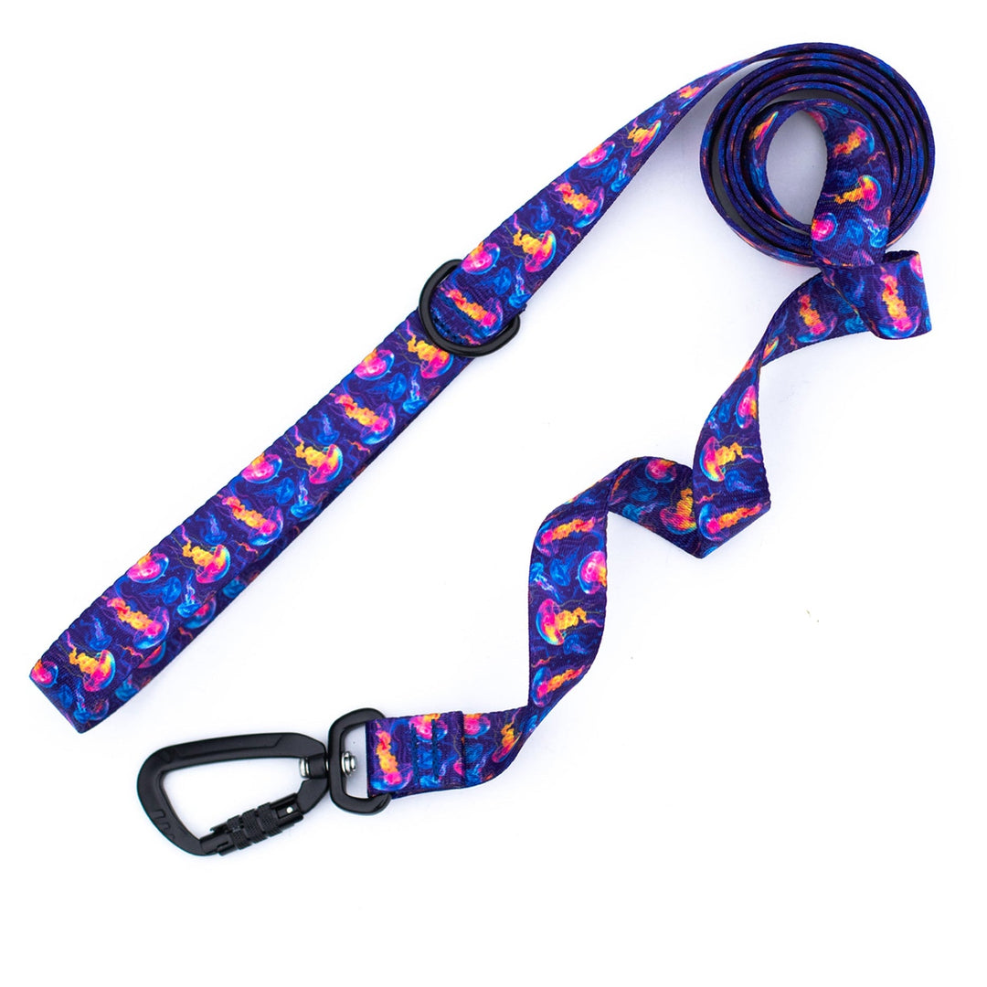 Colorful jellyfish dog leash with carabiner on a white background