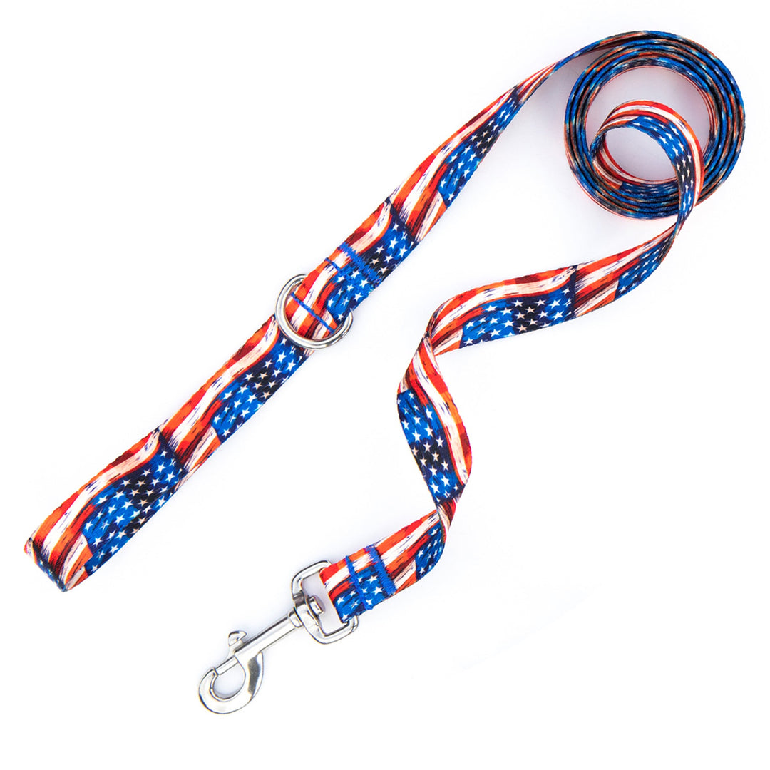 Dog leash with American flag pattern on a white background