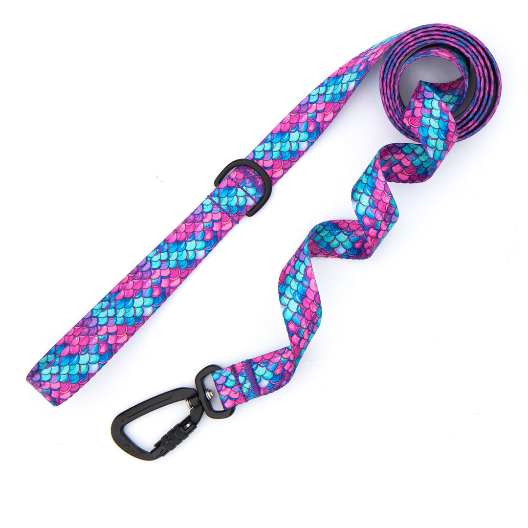 Mermaid scale patterned dog leash on a white background