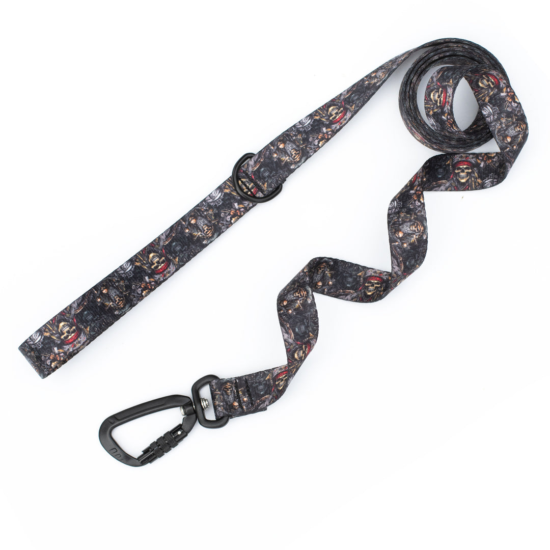 Pirate pattern dog leash with carabiner on a white background
