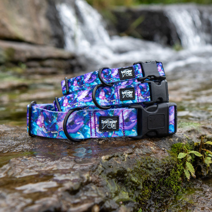 Two dog collars with a vibrant purple, blue, and pink galaxy print are displayed on wet rocks in a stream, with a blurred waterfall in the background. The collars feature black plastic buckles