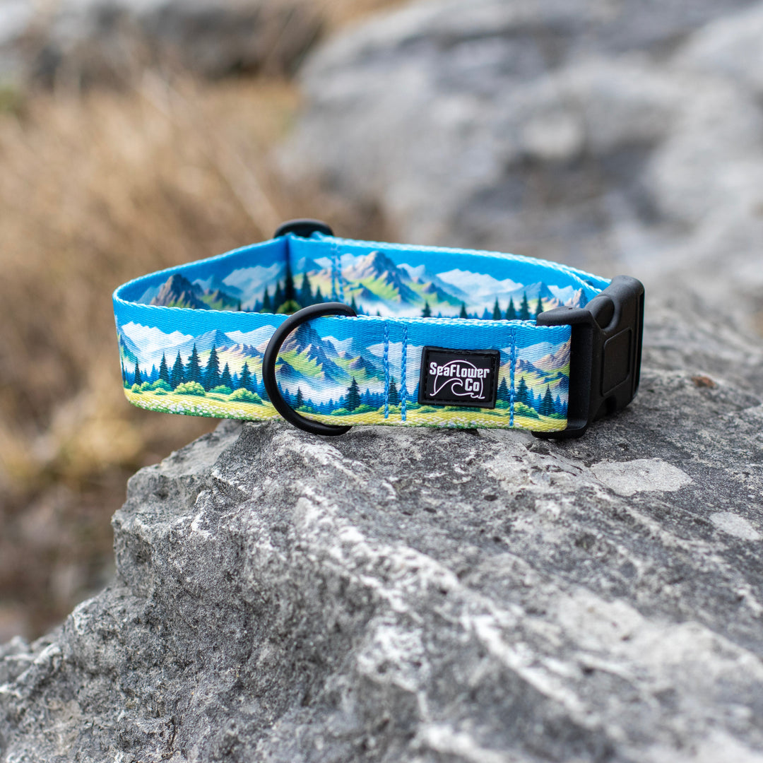 Dog collar with mountain and forest design 