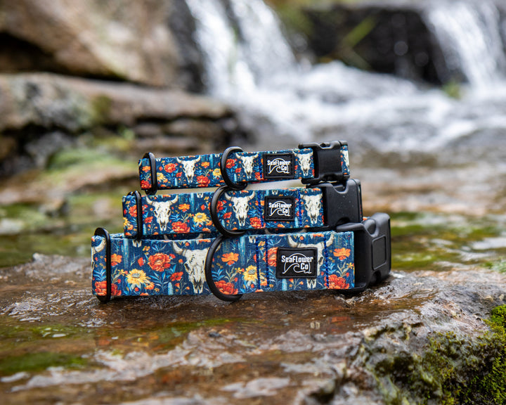 Three dog collars with a blue floral and skull print are stacked on a wet rock in front of a blurred waterfall background.
