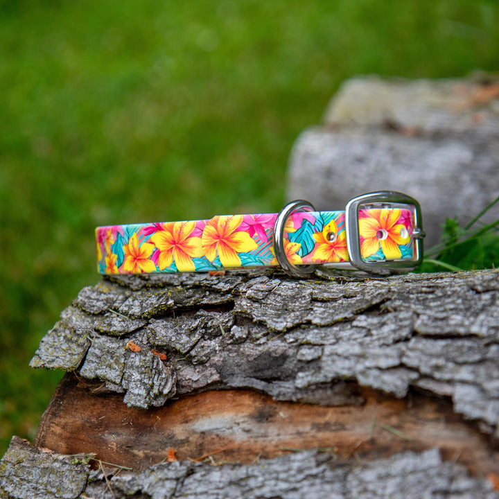 Pink Hawaiian Floral UV Printed BioThane® Waterproof Dog Collar | SeaFlower Co