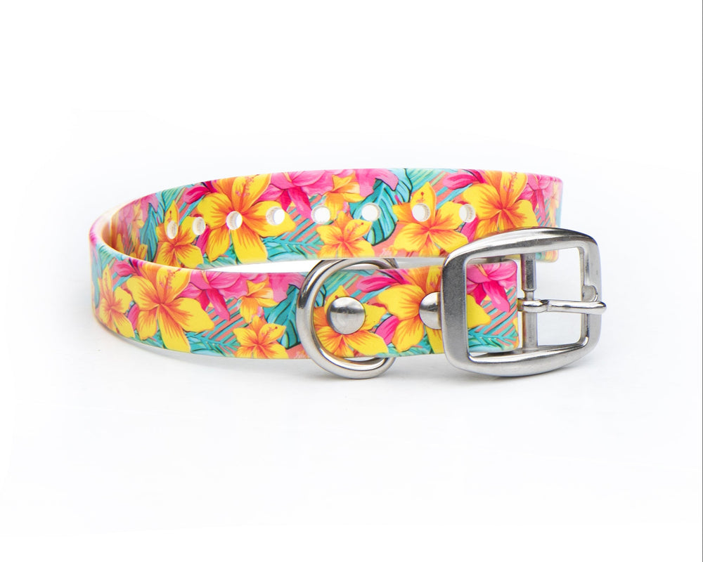 Pink Hawaiian Floral UV Printed BioThane® Waterproof Dog Collar | SeaFlower Co