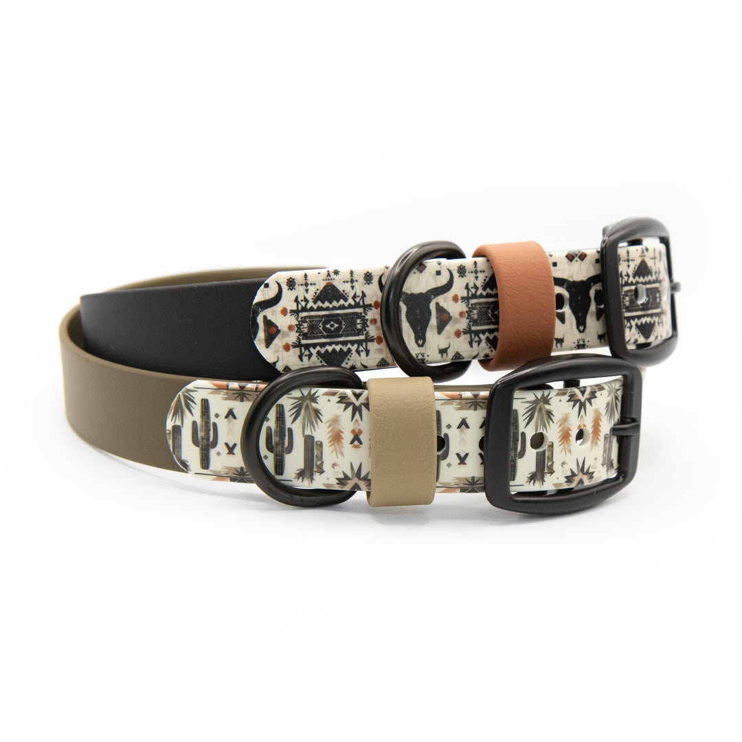 Two dog collars with desert-themed patterns on a white background