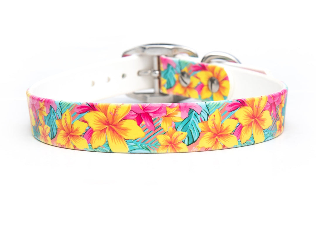 Pink Hawaiian Floral UV Printed BioThane® Waterproof Dog Collar | SeaFlower Co