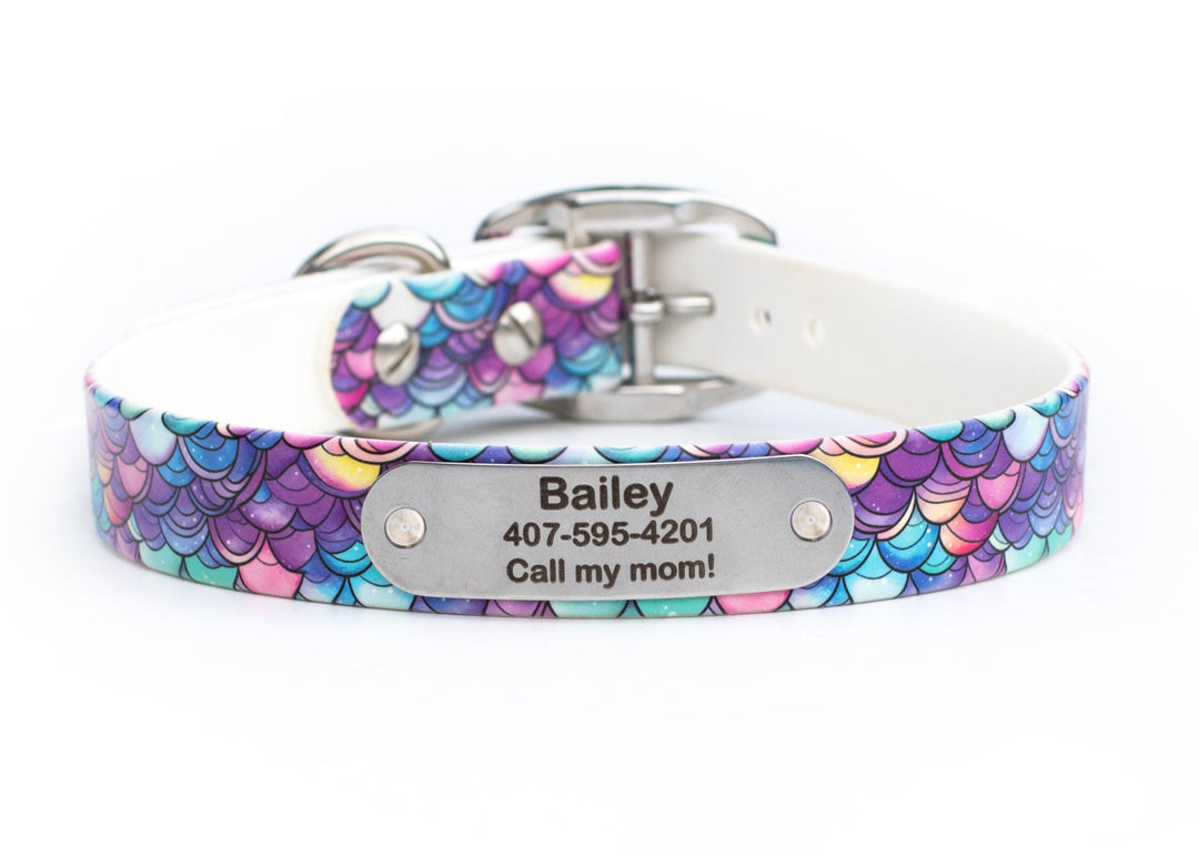 Colorful mermaid scale patterned dog collar with a nameplate on a white background