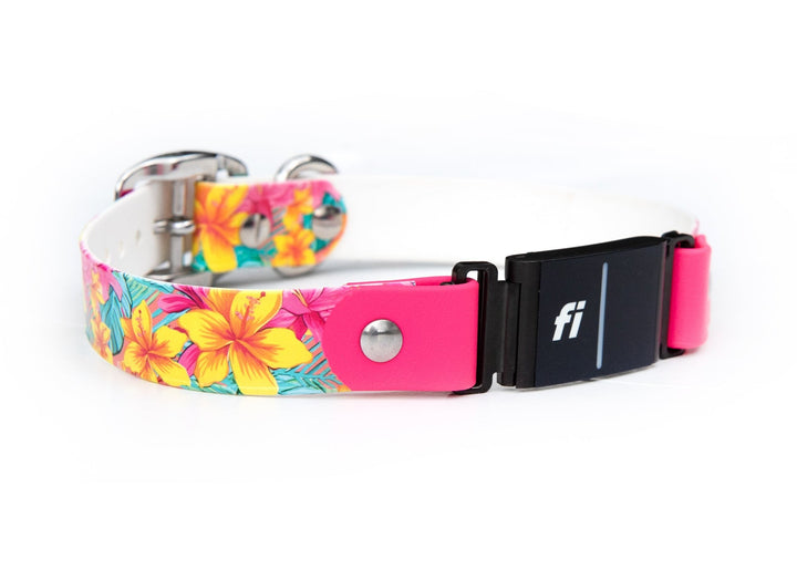 Hawaiian Floral Fi 3/3+ Compatible UV Printed BioThane Collar | Waterproof Fi Compatible Dog Gear | SeaFlower Co