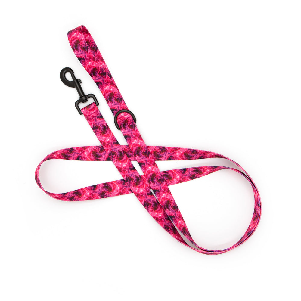 Pink and black patterned dog leash on a white background