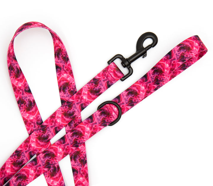Pink and black patterned dog leash on a white background