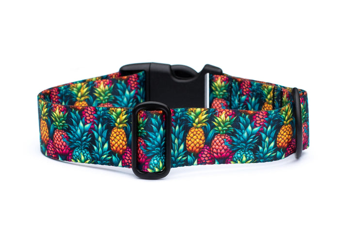 Dog collar with colorful pineapple pattern on a white background