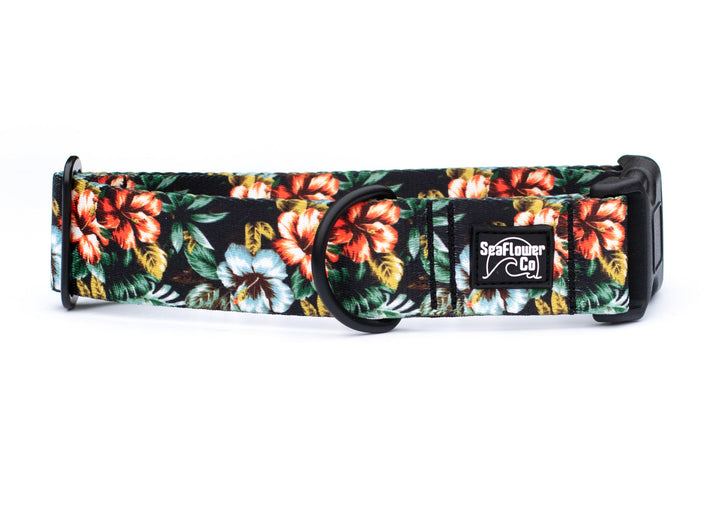 Floral patterned dog collar with a brand label on a white background