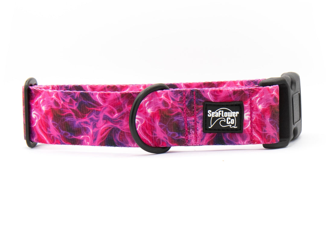 Dog collar with pink and purple flame pattern on a white background