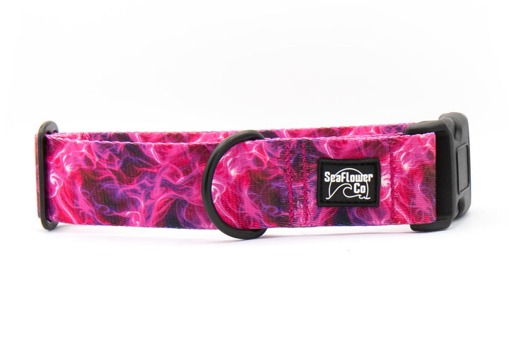 Dog collar with pink and purple flame pattern on a white background