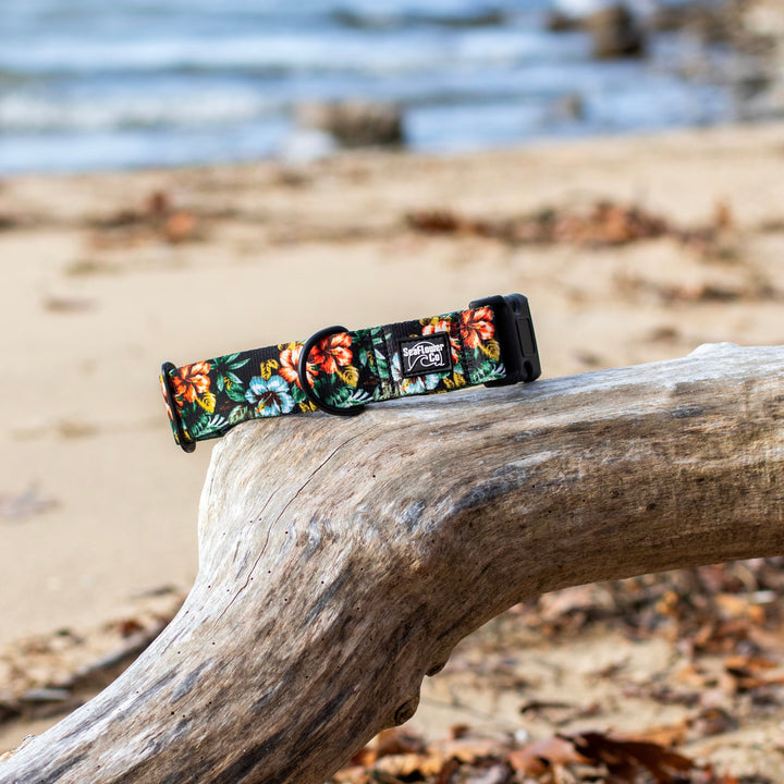 Floral-patterned product on a beach with ocean in the background