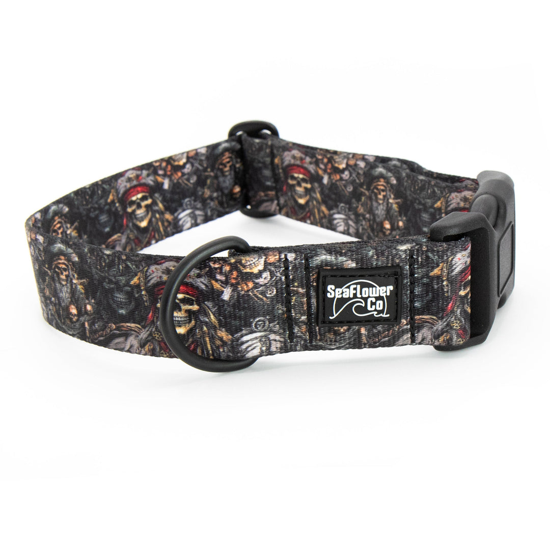 Dog collar with skull pattern and visible brand logo on a white background