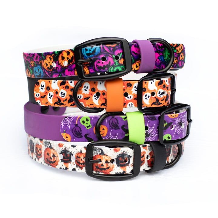Four Halloween-themed dog collars stacked on a white background, featuring colorful pumpkin, spiderwebs, skulls, and ghosts in orange, purple, black, white, green, and orange.