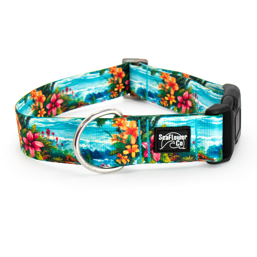 Dog collar with floral and ocean design on a white background