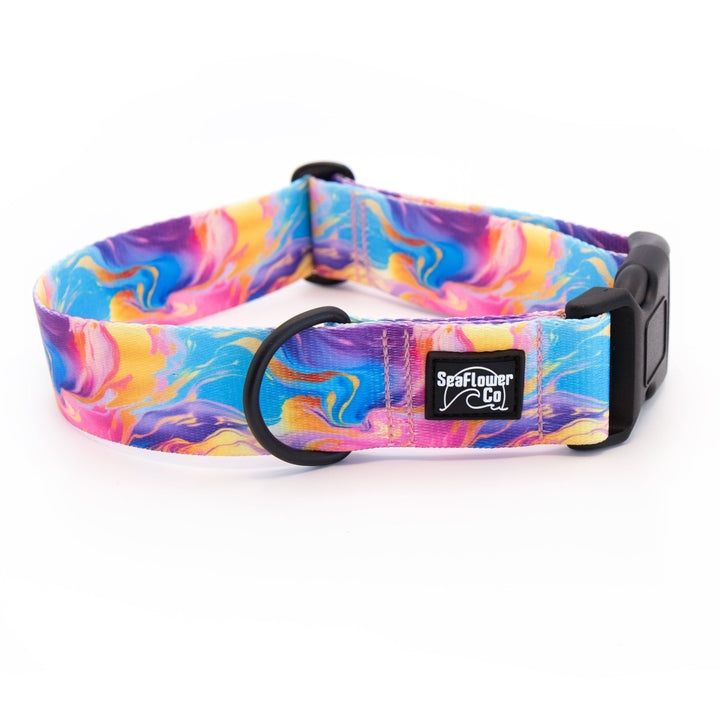 Colorful marbled dog collar with a brand label on a white background