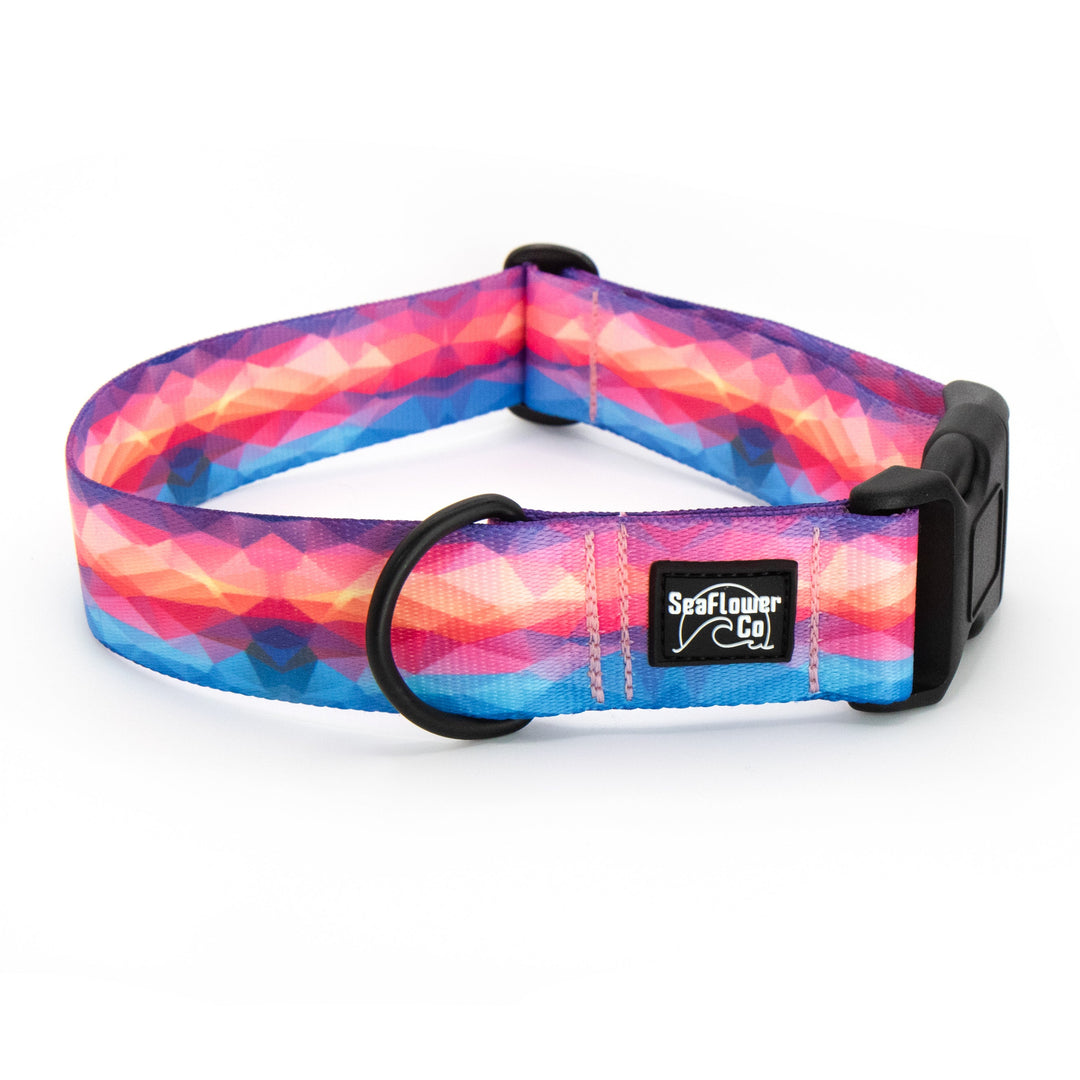 Dog collar with a colorful geometric pattern on a white background