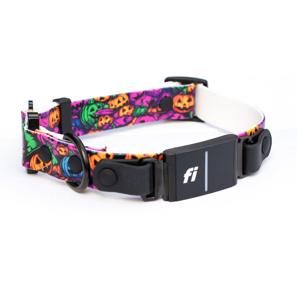 Colorful Halloween-themed dog collar with a black buckle on a white background