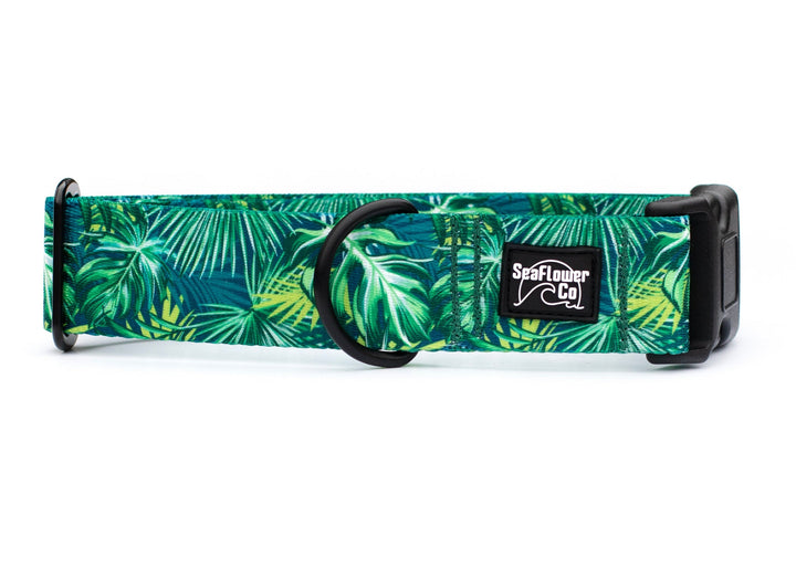 Dog collar with tropical leaf pattern on a white background