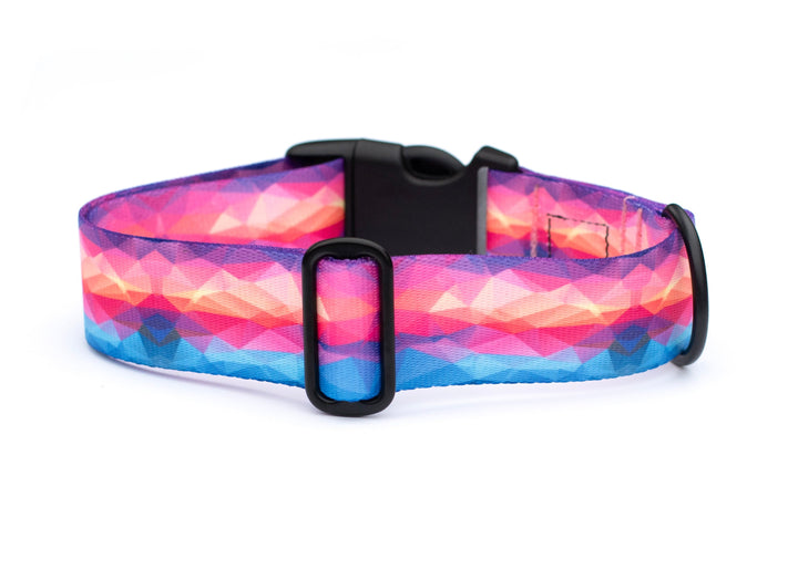 Dog collar with a colorful geometric pattern on a white background