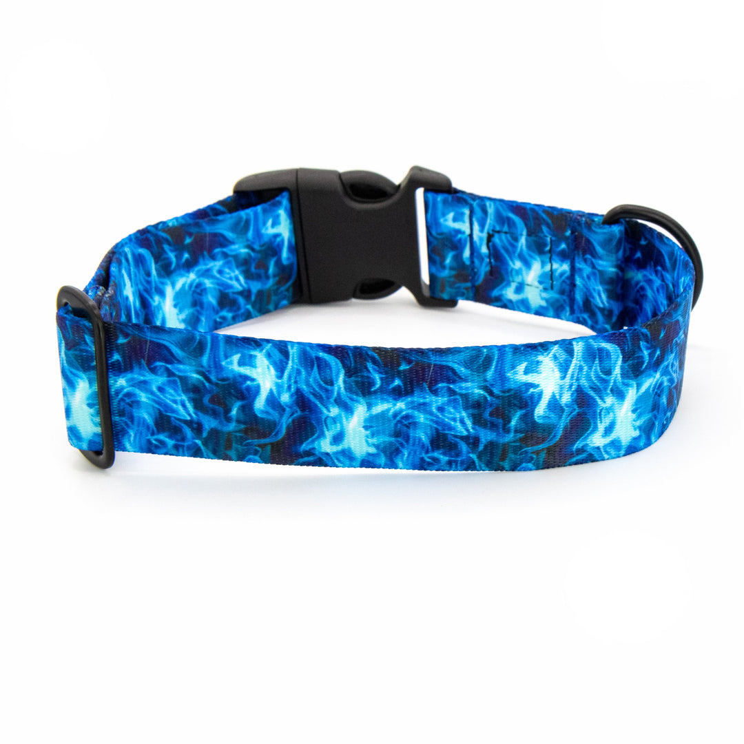 Blue flame patterned dog collar on a white background