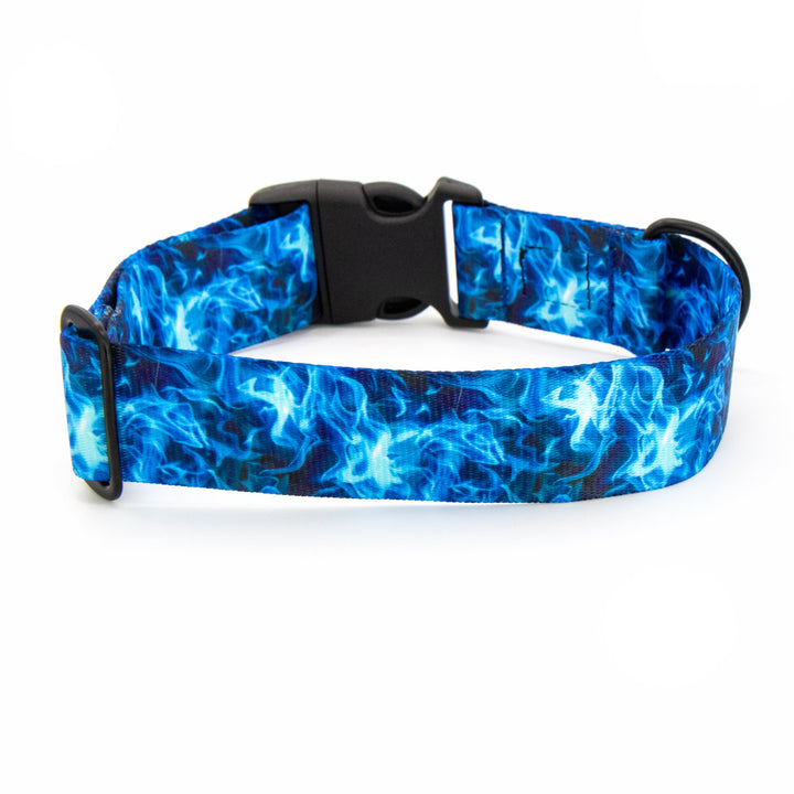 Blue flame patterned dog collar on a white background