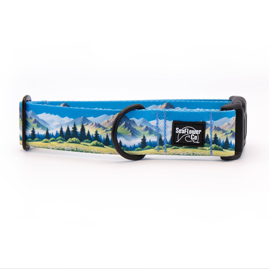 Dog collar with mountain and forest design on a white background