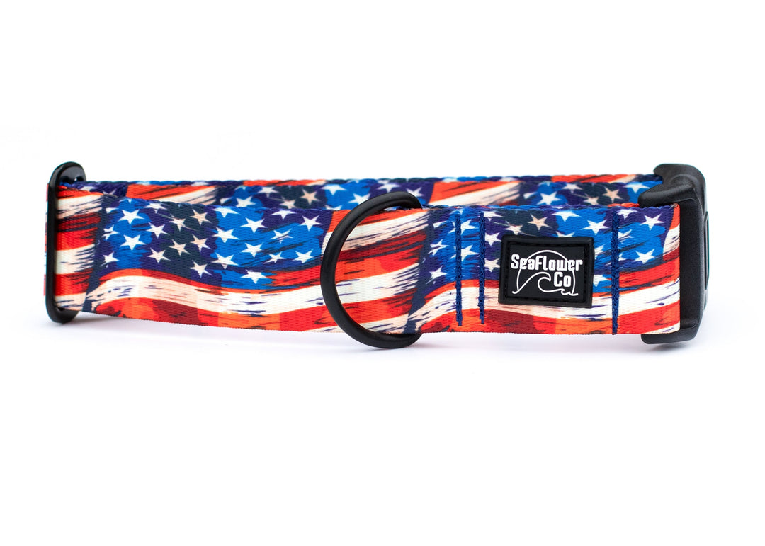 Dog collar with American flag pattern on a white background