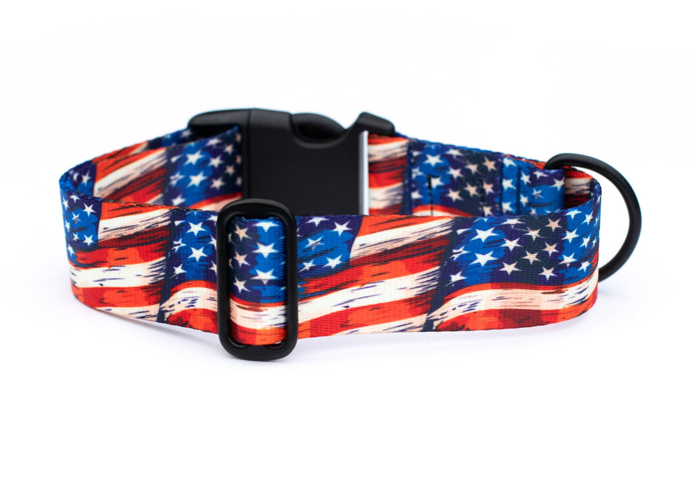 Dog collar with American flag pattern on a white background