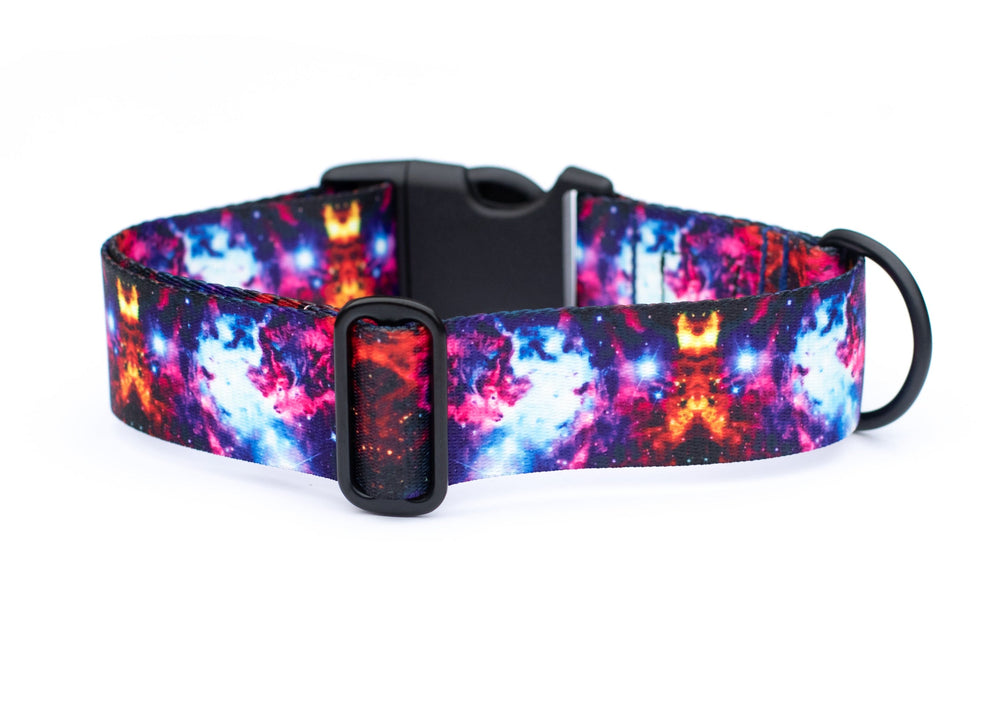 Colorful galaxy-patterned dog collar on a white background