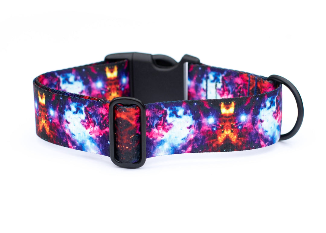 Colorful galaxy-patterned dog collar on a white background