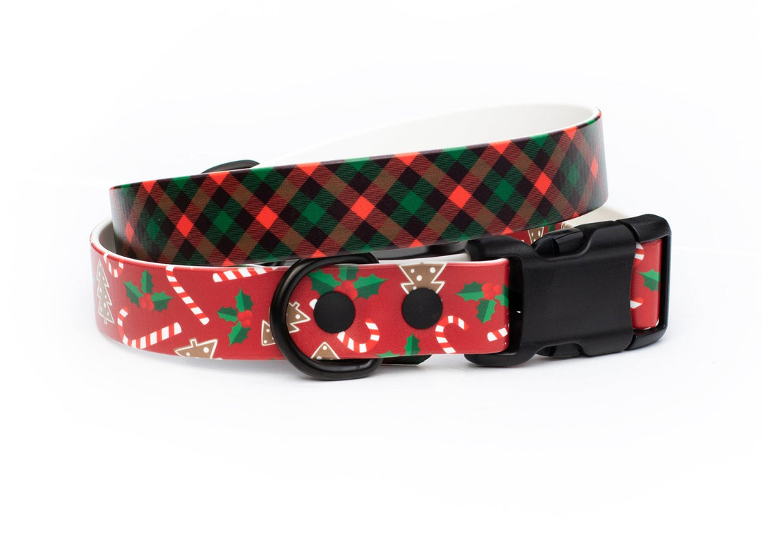 Plaid dog collar with candy cane design on a white background