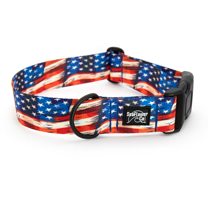 Dog collar with American flag pattern on a white background