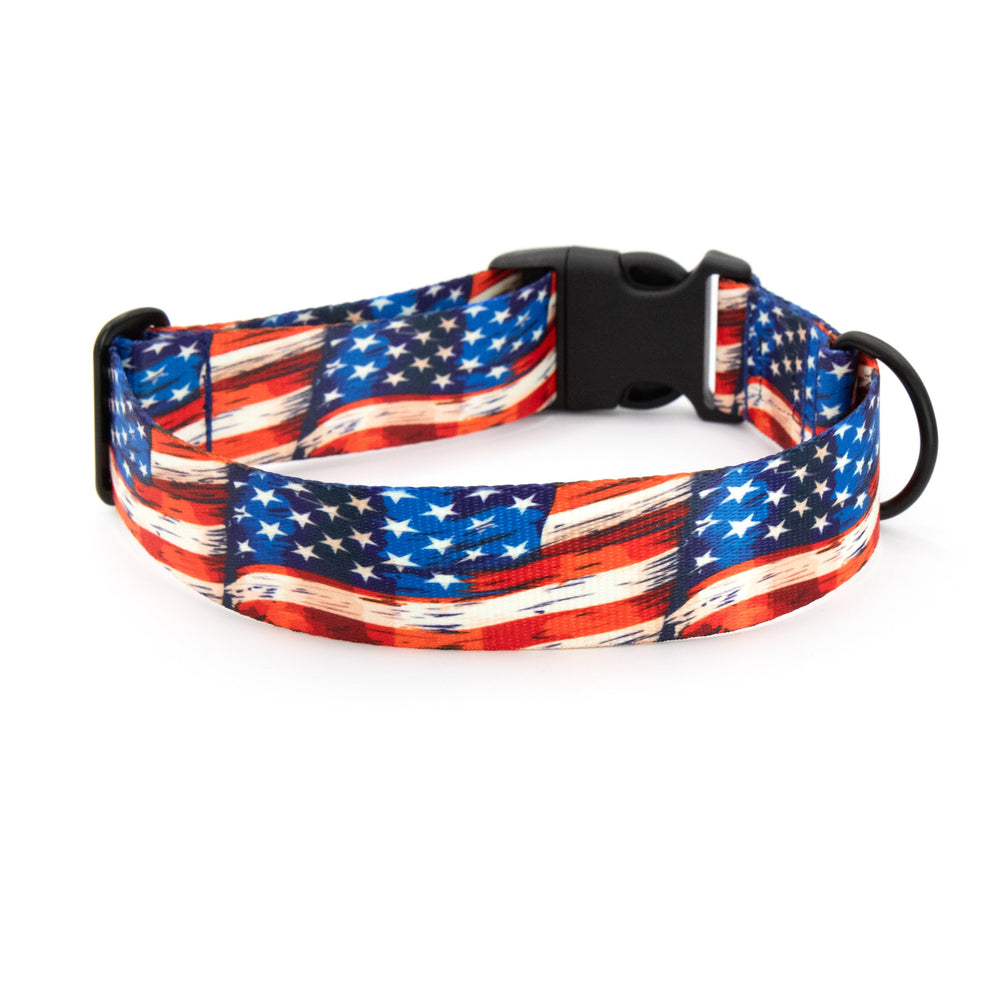 Dog collar with American flag pattern on a white background