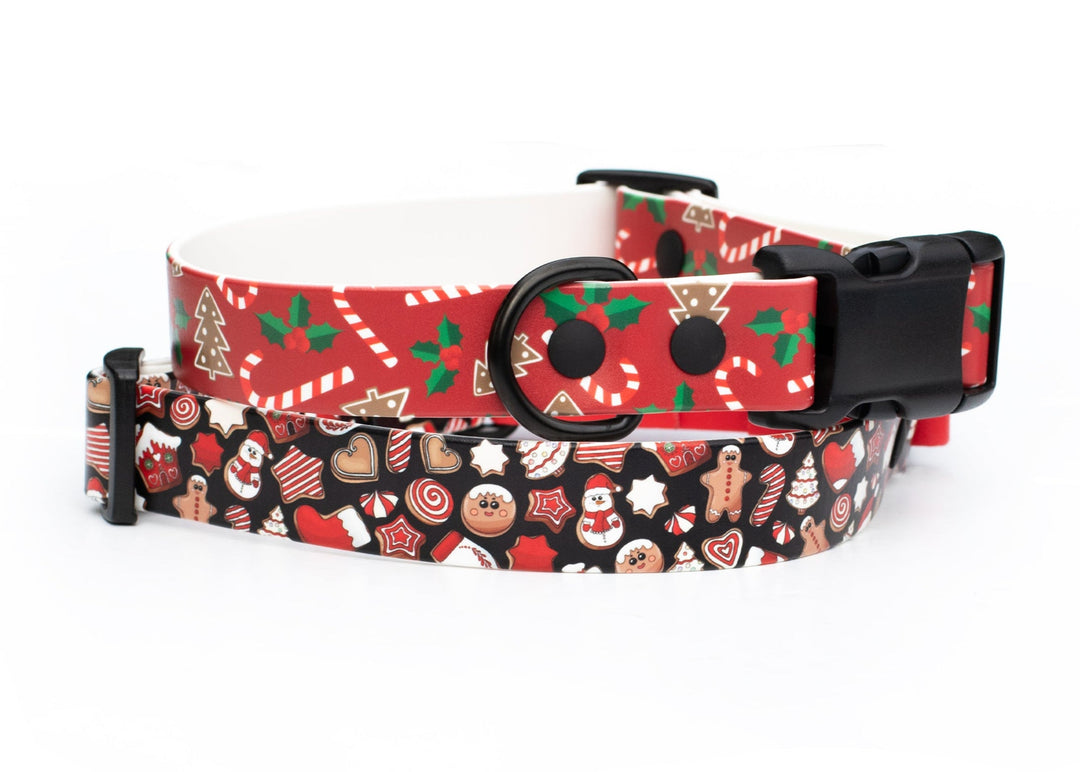 Dog collar with Christmas-themed pattern on a white background