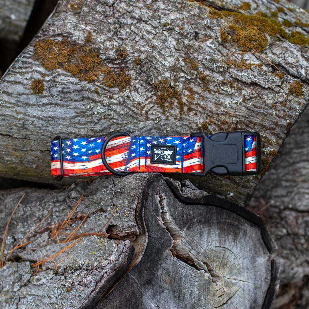 Dog collar with American flag design on a stack of wooden logs
