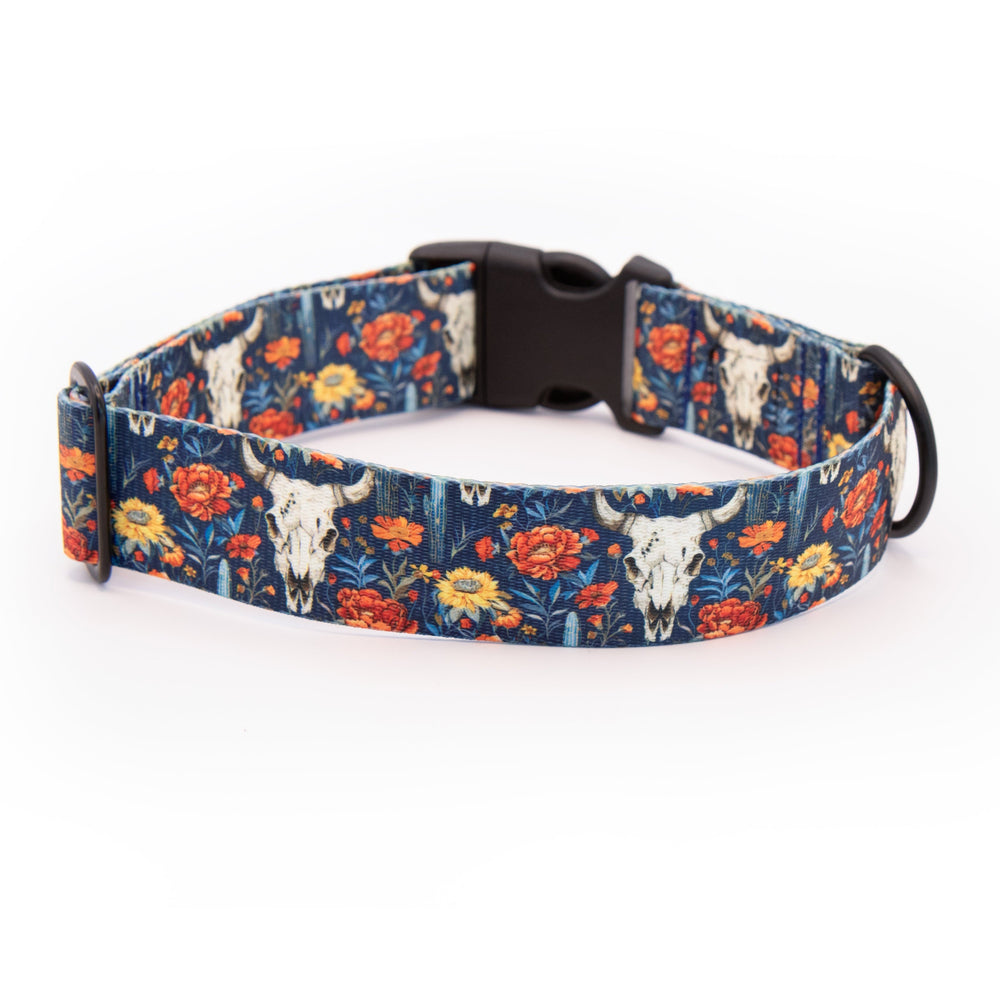Dog collar with skull and floral pattern on a white background