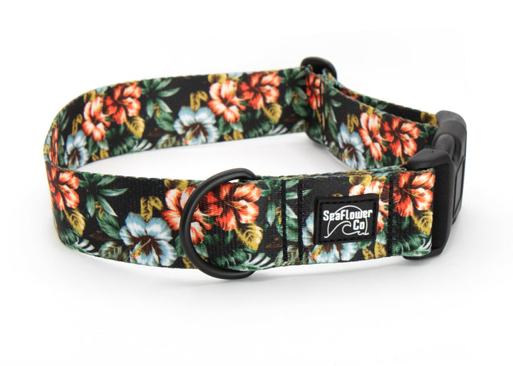 Floral-patterned dog collar with a brand logo on a white background