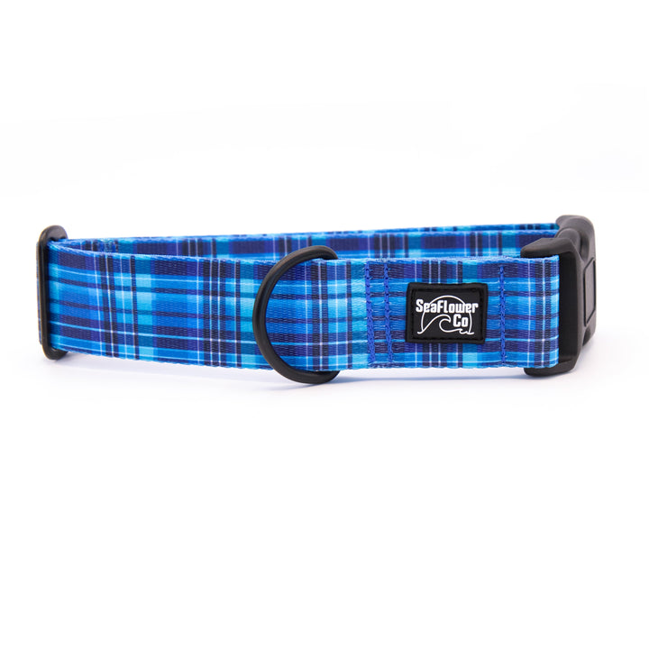 Blue plaid dog collar with a visible brand logo on a white background