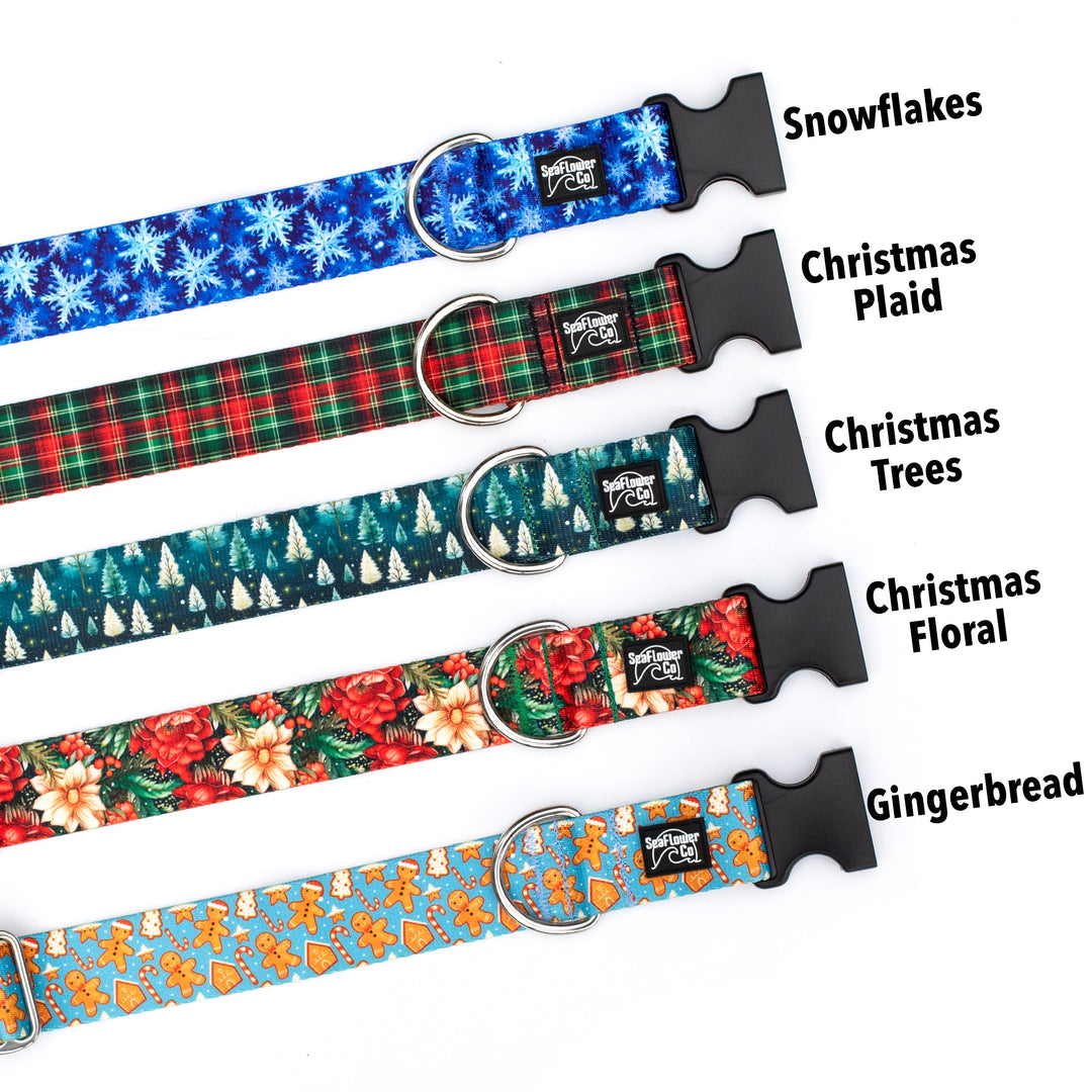 Set of five dog collars with different festive patterns on a white background